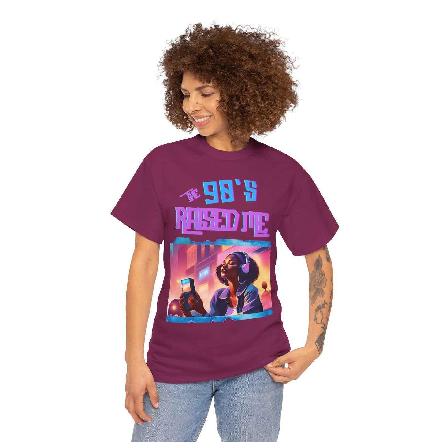 90's Raised Me/Female/ Lavender and Blue Print Unisex Heavy Cotton Tee